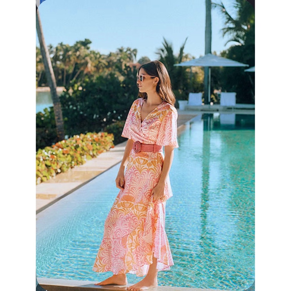 J.McLaughlin Audette Pink Orange Botanical Print Tencel Wrap Maxi Dress Size M